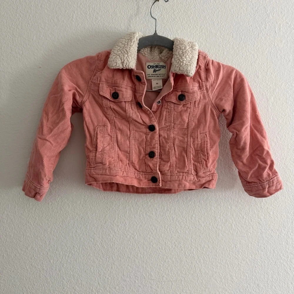 OshKosh B'gosh Toddler Girls Pink Corduroy Trucker Jacket Sherpa Collar 4T